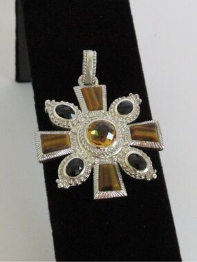 JUDITH RIPKA Sterling Silver Maltese Cross Citrine Tigers Eye Enhancer Pendant